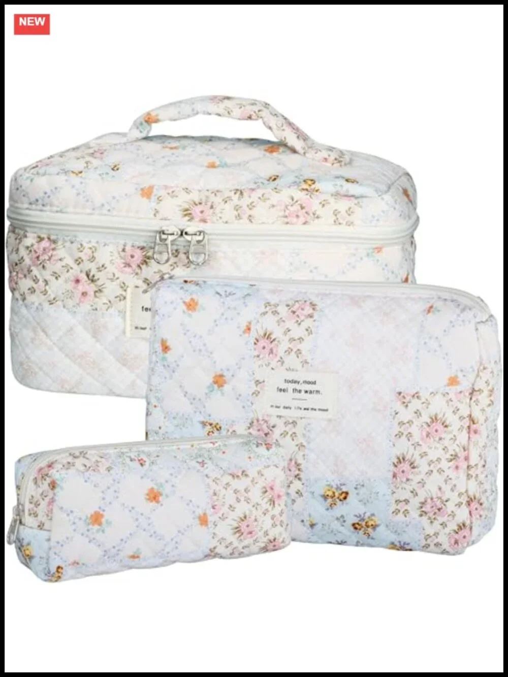 Quilted Floral Cotton Makeup Bag Set - 3 Piece Travel Cosmetic Organizer